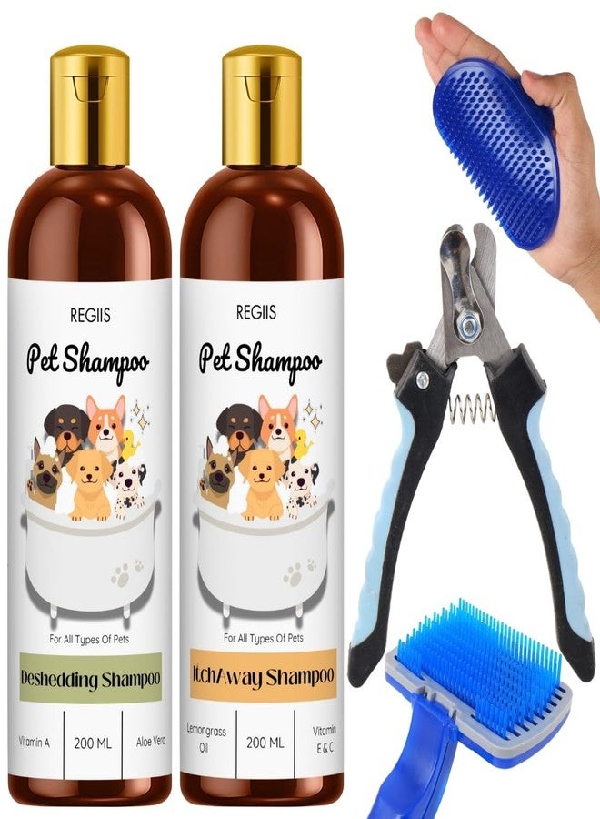 REGIIS Pet Grooming Kit with Deshedding and Itch Away Shampoo, 200ml, Professional Dog Brush and Nail Clippers Set, All Pet Types(PACK OF 4) - Image 1